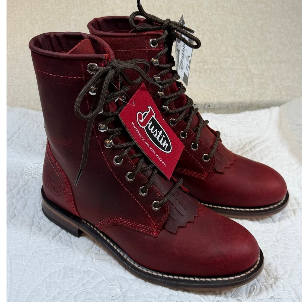 Justin NWT Women 9 Red McKean Lace Up Roper Western Rodeo Boots Leather